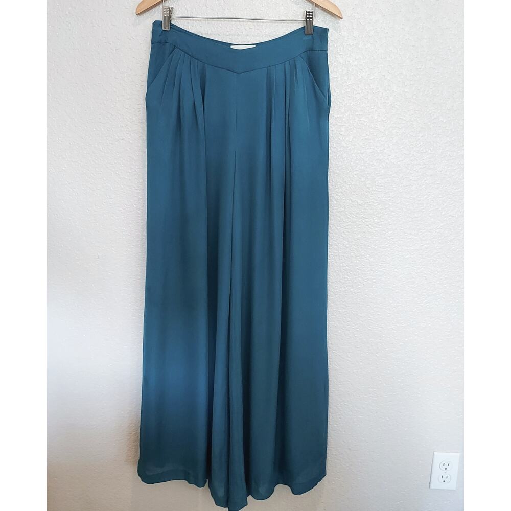 Anthropologie's Elevenses Teal Blue Super Wide Leg Palazzo Pants Pleats Size 10